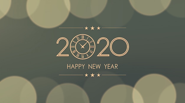 Feliz ano novo de ouro 2020 e relógio com bokeh e reflexo de lente