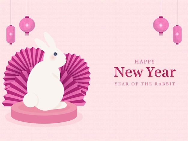 Feliz ano novo do conceito de coelho com coelhinho fofo sentado sobre o pódio dobrado flores de papel e lanternas tradicionais pendure no fundo rosa padrão chinês