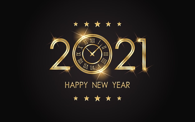 Feliz ano novo dourado 2021 com mostrador do relógio em fundo preto