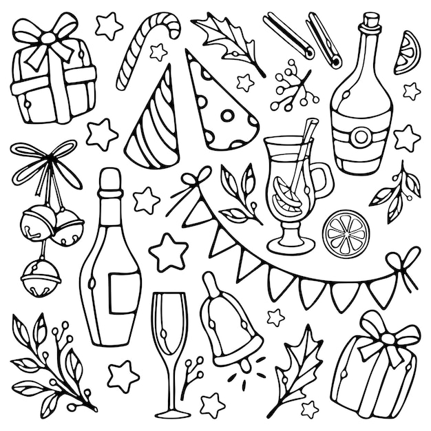 Feliz ano novo e feliz natal doodle conjunto de contorno isolado no fundo branco vetor premium