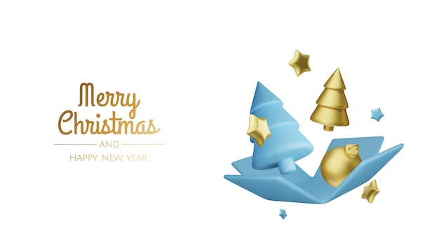 Feliz ano novo e feliz natal fundo de férias de natal com objetos 3d realistas bolas de bolas de ouro e vermelho estrelas de metal cônicas levitação queda composição de design