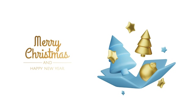 Vetor feliz ano novo e feliz natal fundo de férias de natal com objetos 3d realistas bolas de bolas de ouro e vermelho estrelas de metal cônicas levitação queda composição de design