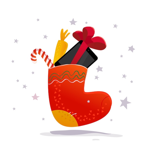 feliz ano novo e feliz natal presente, presente na ilustração de saco de meia de presente tradicional. . Tablet e smartphone. Elemento de banner de venda de inverno.