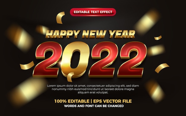 Feliz ano novo, elegante vermelho ouro negrito, efeito de texto editável em 3d