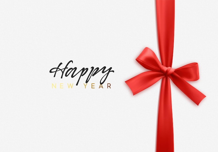 Vetor feliz ano novo. feliz fundo de férias de natal. texto manuscrito, padrão texturizado realista, puxe o laço da fita.