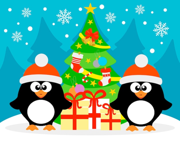 Vetor feliz ano novo fundo com dois pinguins engraçados