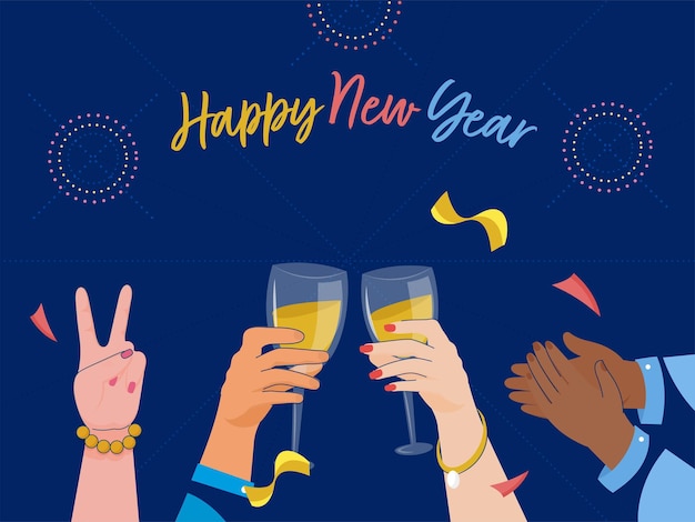 Feliz ano novo letras com as mãos de pessoas e copo de bebida no fundo azul