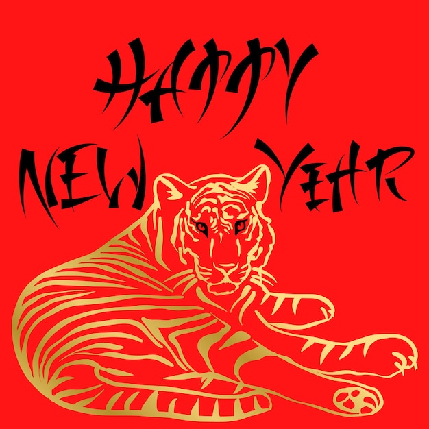 Vetor feliz ano novo letras modernas no ano de fundo vermelho da ilustração vetorial de tigre