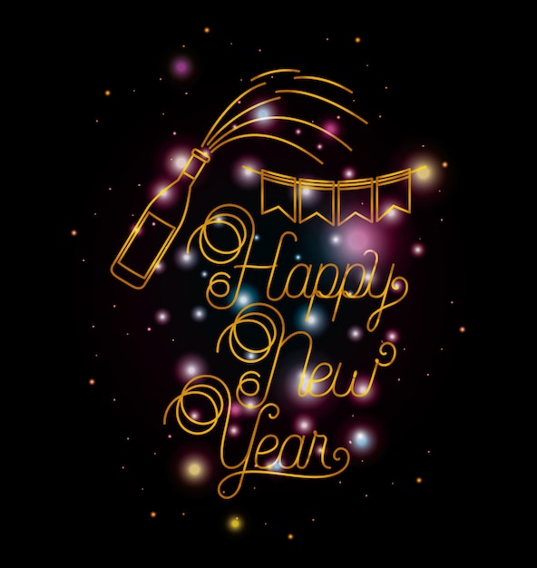 Feliz ano novo lettering com luzes e ícones