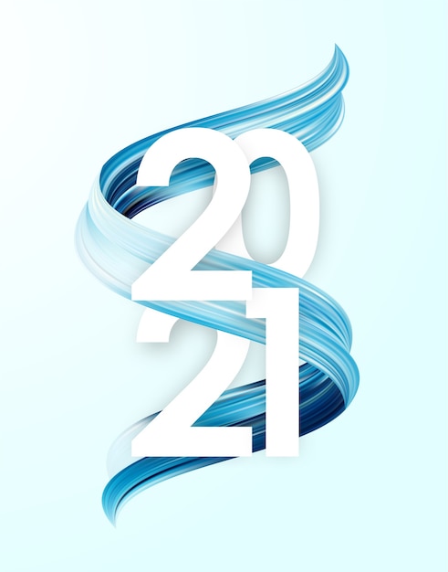 Feliz ano novo. número de 2021 com forma de traço de tinta azul. design moderno