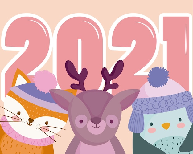 Feliz ano novo, pinguim rena e raposa com o número 2021