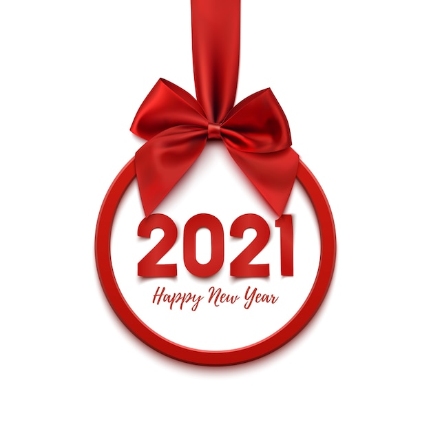 Feliz ano novo redondo banner abstrato com fita vermelha e arco, isolado no banner branco.