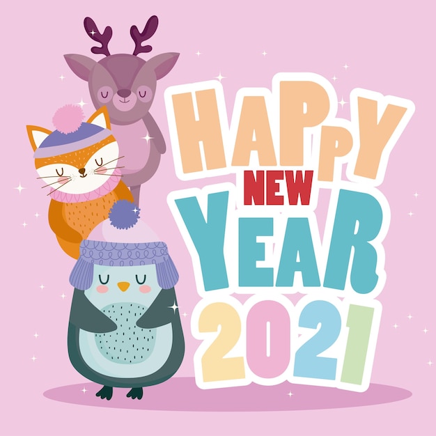 Feliz ano novo, texto colorido com raposa rena e pinguim