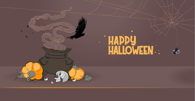 Feliz banner de Halloween ou fundo de convite de festa com nuvens noturnas e abóboras