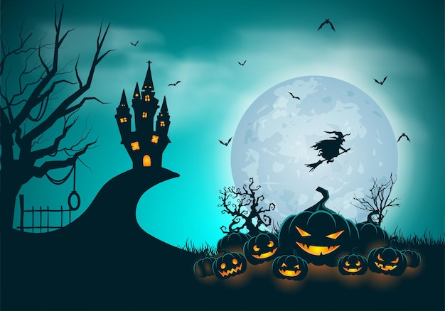 Feliz banner de Halloween ou fundo de convite para festa com lua cheia de abóboras brilhantes e castelo