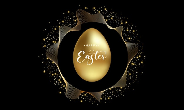 Feliz banner de Páscoa com ovo dourado em fundo escuro e pó dourado Efeito de estrela mágica Brilho de fundo Projeto de festa festiva Vetor EPS 10