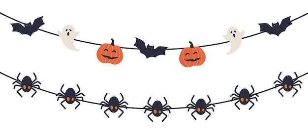 Feliz banner de texto de halloween com morcego, aranha, abóbora e fantasma, vetor
