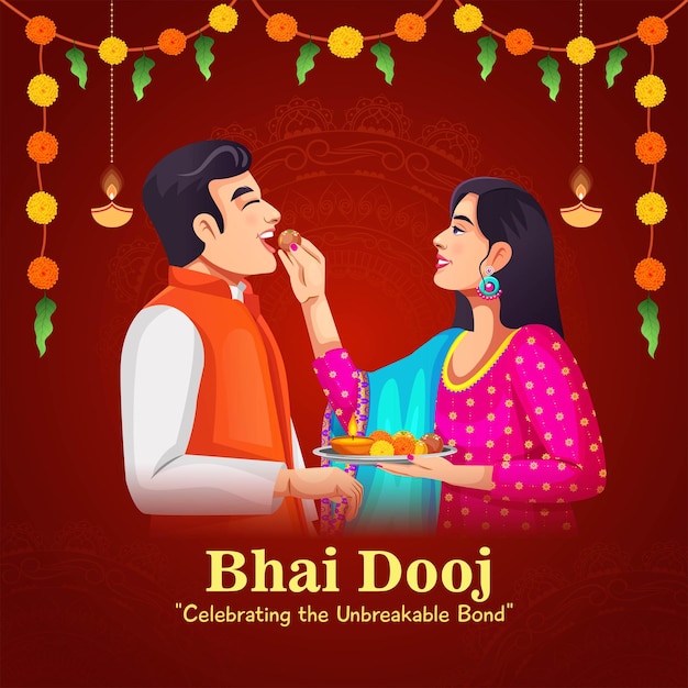 Vetor feliz bhai dooj celebração do festival indiano irmã rezar pelo irmão proteção desenho de cartão de saudação