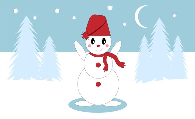 Feliz boneco de neve em pé na paisagem de Natal de inverno. Feliz Natal e cartão de feliz ano novo. Boneco de neve engraçado chapéu em fundo nevado. Copie o espaço para o texto. Ilustração vetorial.