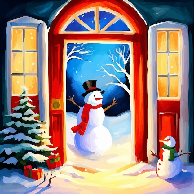 Feliz boneco de neve está parado na porta feliz natal feliz ano novo cartão vetor