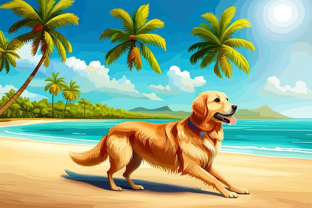 Vetor feliz cachorro golden retriever na praia de areia conceito para aventuras de verão de cão de raça pura no