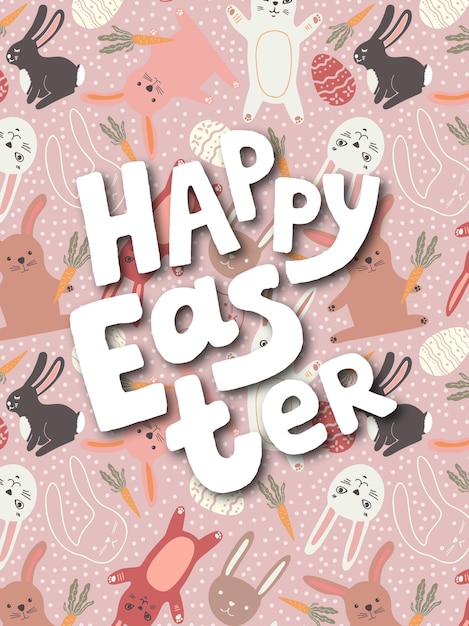 Feliz cartão de páscoa com coelhos e ovos bonita ilustração infantil