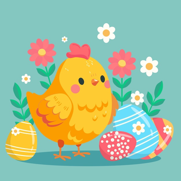 Vetor feliz cartão de páscoa com frango e ovos estilo plano