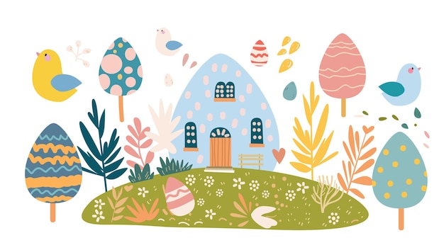 Vetor feliz cartão de saudação de páscoa com ovos em cores pastel cartão de celebração de férias de primavera horizontal