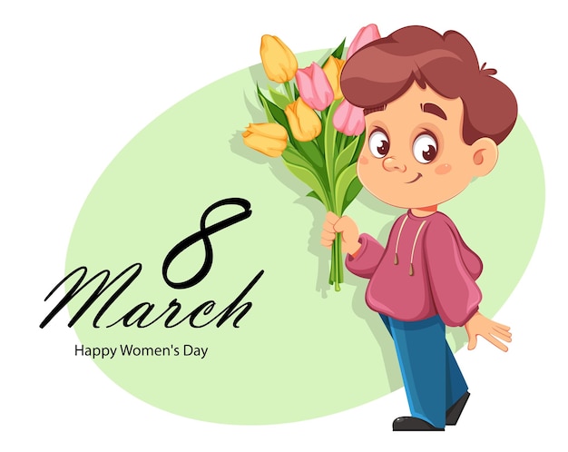 Feliz cartão de saudação do dia das mulheres personagem de desenho animado de menino bonito segurando um buquê de tulipas garoto engraçado