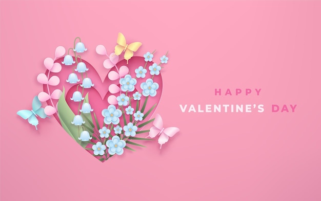 Feliz cartão de saudação do Dia dos Namorados com flores dentro de dois corações em camadas em estilo de corte de papel