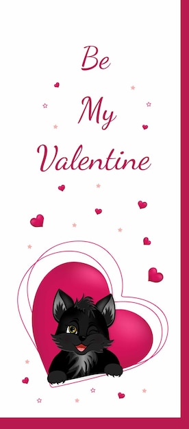 Feliz cartão postal de saudação do dia dos namorados com corações rosa e gatinho gatinho
