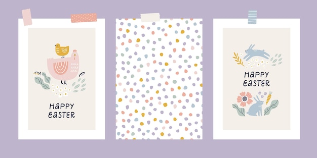 Feliz cartões de saudação de páscoa com coelhos bonitos flores de primavera e galinha