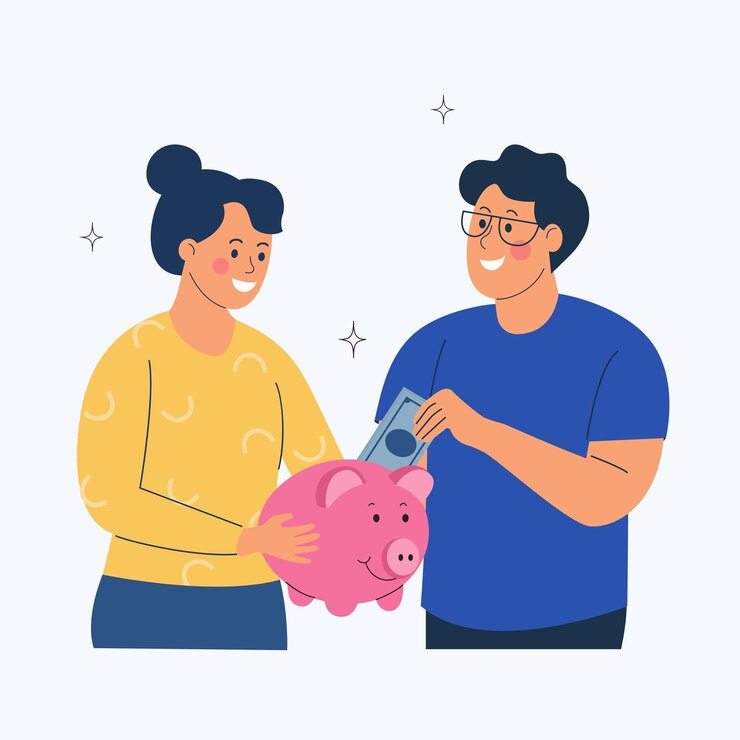 Feliz casal jovem investindo uma moeda no cofrinho Ilustração plana em vetor