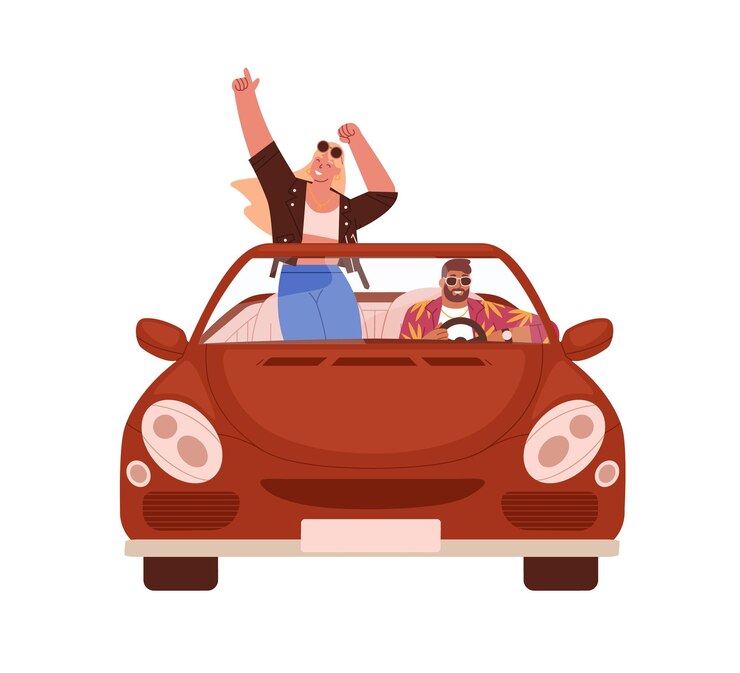 Vetor feliz casal romântico viajando de carro. pessoas em cabrio em viagem. homem dirigindo conversível com mulher em pé. passeio de verão em capota aberta. ilustração em vetor plana isolada no fundo branco.