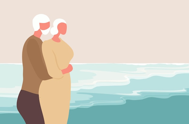 Feliz casal sênior abraçando-se na ilustração vetorial de praia conceito de estilo de vida saudável para idosos
