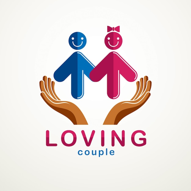 Feliz casal simples logotipo ou ícone vetorial criado com sinais geométricos de pessoas em forma de setas e mãos de cuidados. terno e amoroso relacionamento de homem e mulher, namorado e namorada.