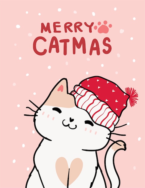 Feliz catmas, cartão de natal, gato de sorriso fofo com chapéu de papai noel vermelho, queda de neve no fundo rosa, contorno doodle mão desenhar vetor plana.