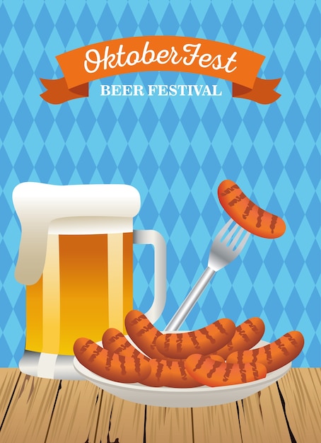 Feliz celebração da oktoberfest com jarra de cerveja e salsichas ilustração vetorial