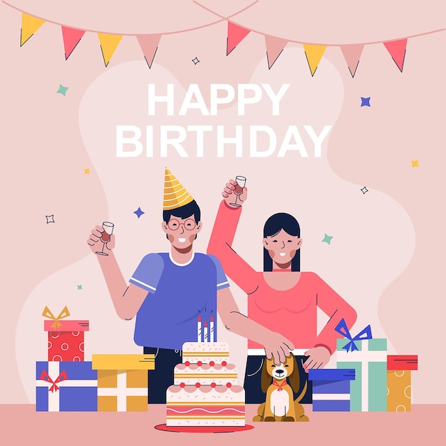 Feliz celebração de aniversário com amigos bolo e presentes