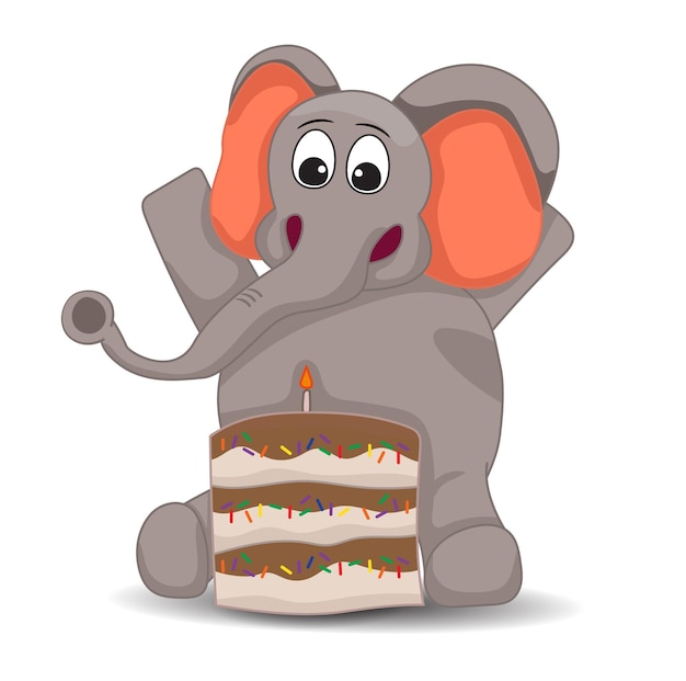 Feliz chapéu de elefante cinza sentado com bolo conceito de feliz aniversário