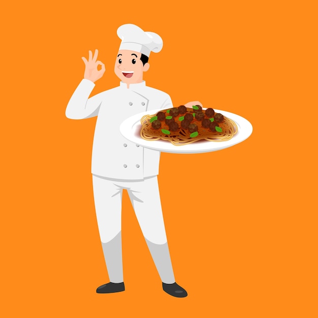 Feliz chef cartoon retrato de jovem grandalhão cozinheiro usando chapéu e uniforme de chef segurando prato de espaguete