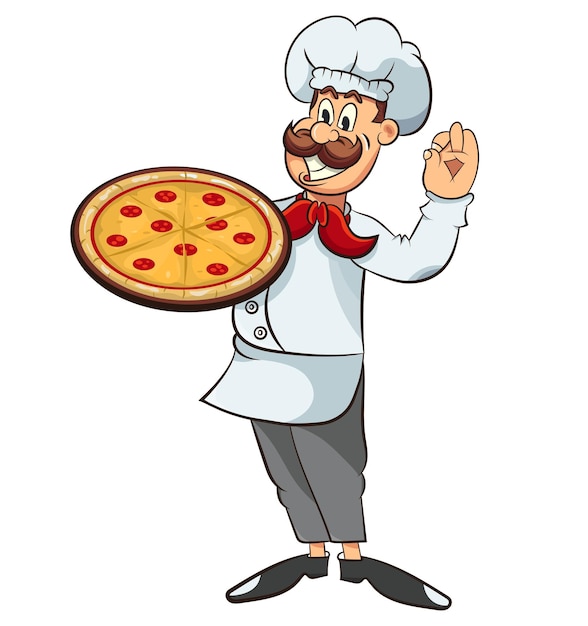 Vetor feliz chef italiano estilo quadrinhos de desenho animado com bigode e pizza