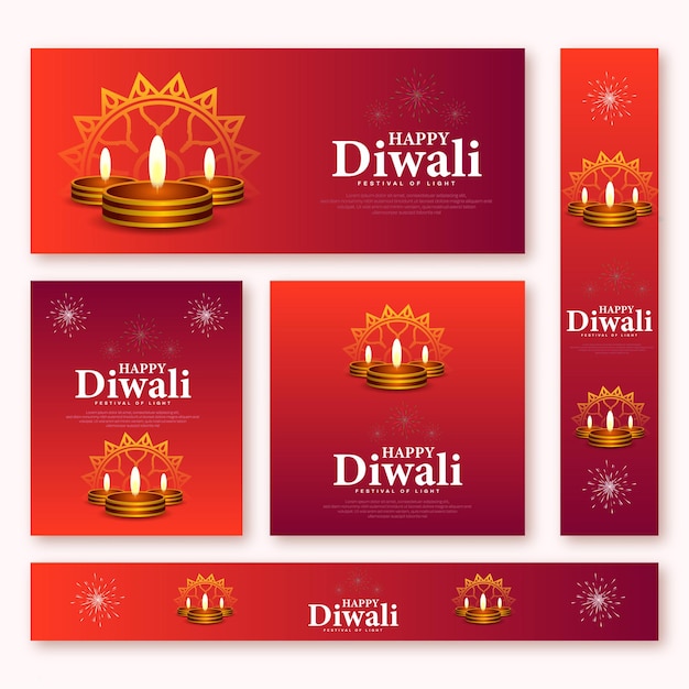 Feliz coleção de banners da web diwali com cor de fundo e ilustração de lâmpadas de óleo iluminadas realistas
