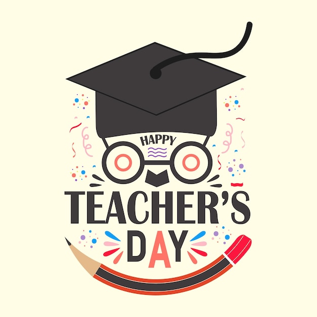 Feliz comemoração do dia mundial dos professores. ilustração em vetor mão lettering. com elementos escolares.