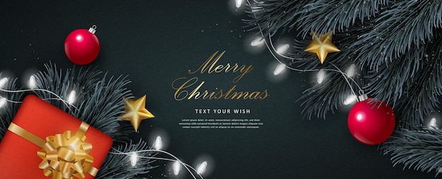 Feliz composição de Natal 3D realista galhos de pinheiro caixa de presente com enfeites de estrela de bola de bugiganga de decoração de fita dourada e luz de corrente