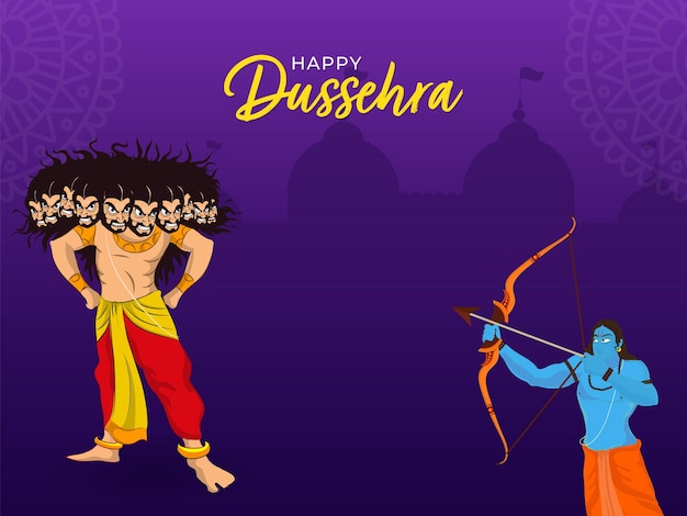 Feliz conceito de celebração de dussehra com lord rama mirando em direção ao demônio ravana.