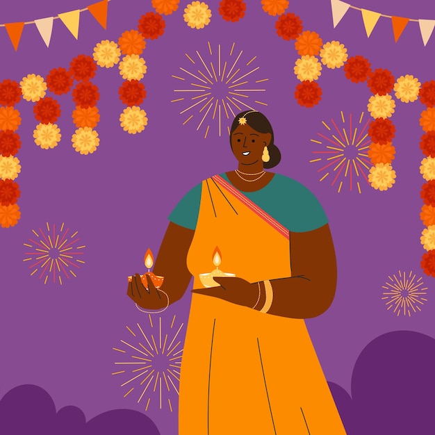 Feliz conceito de diwali diwali com lindas jovens indianas hindus comemorando o festival das luzes