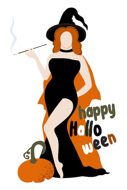 Vetor feliz conceito de feriado de halloween jovem bruxa fumante com uma abóbora vetor ilustração isolada