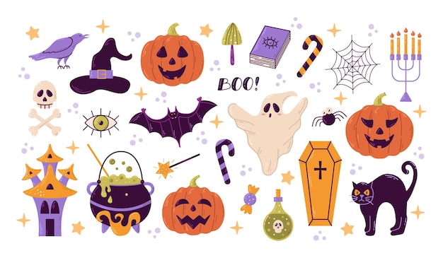 Feliz conjunto de elementos do Dia das Bruxas morcego abóbora fantasma e gato Vector é uma ilustração de desenho animado bonito