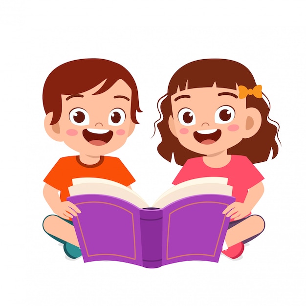 Vetor feliz crianças cute menino e menina ler livro